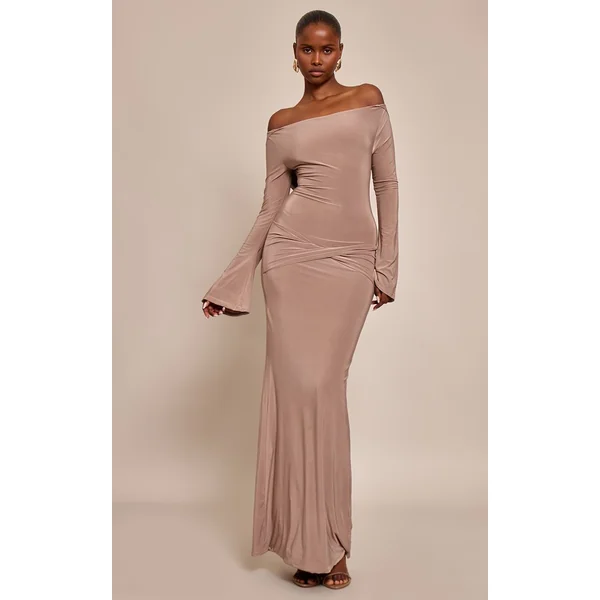 Marron Robe Longue En Tissu Slinky Double Avec Détail Torsadé
