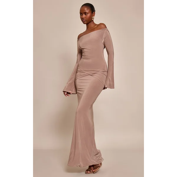 Marron Robe Longue En Tissu Slinky Double Avec Détail Torsadé