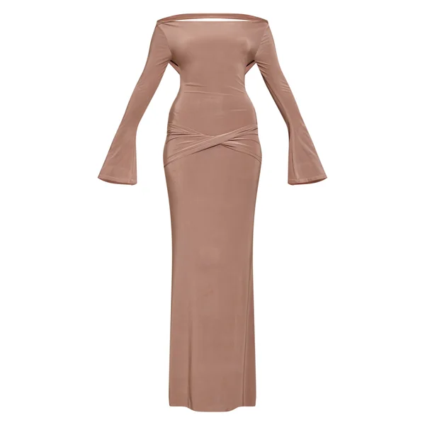 Marron Robe Longue En Tissu Slinky Double Avec Détail Torsadé