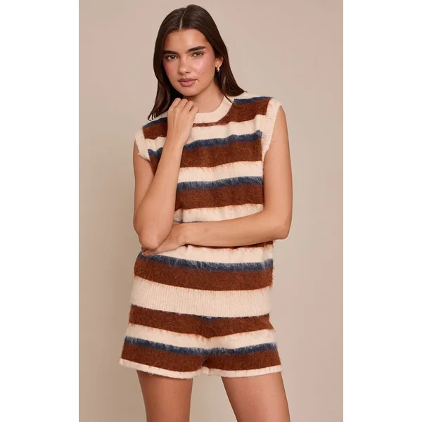 Marron Short En Maille Brossée À Rayures