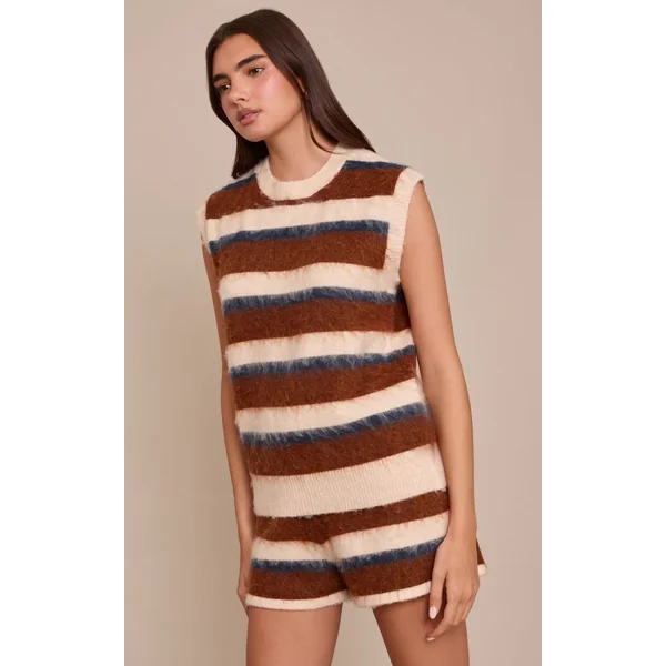 Marron Short En Maille Brossée À Rayures