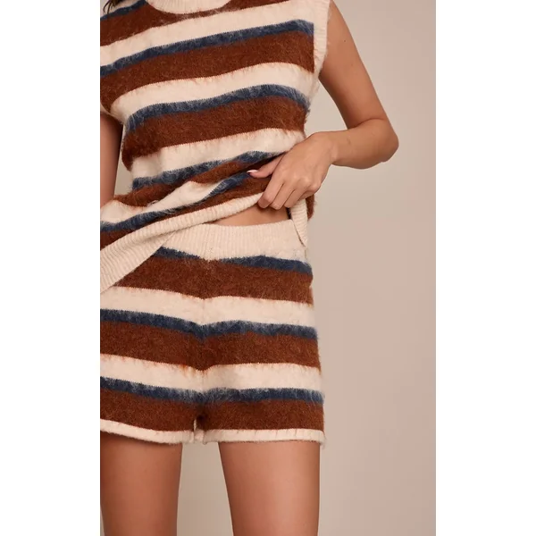 Marron Short En Maille Brossée À Rayures