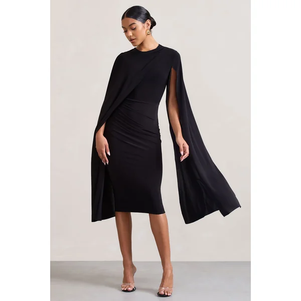 Marysol | Robe mi-longue noire asymétrique avec cape