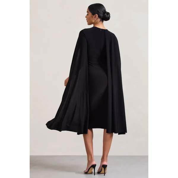 Marysol | Robe mi-longue noire asymétrique avec cape
