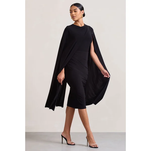 Marysol | Robe mi-longue noire asymétrique avec cape