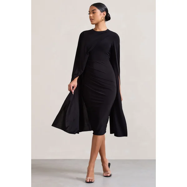 Marysol | Robe mi-longue noire asymétrique avec cape
