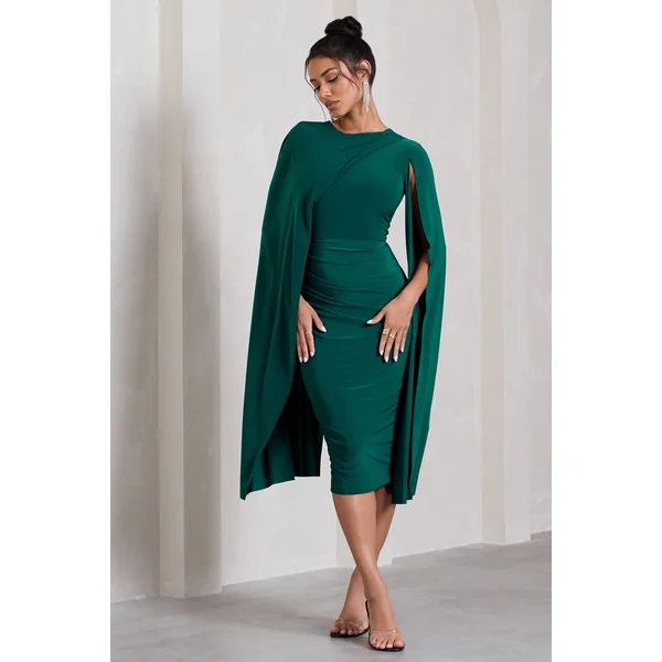 Marysol | Robe mi-longue vert bouteille asymétrique avec cape