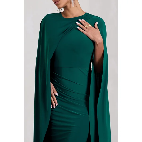 Marysol | Robe mi-longue vert bouteille asymétrique avec cape