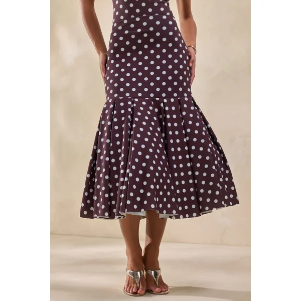 Masie | Jupe mi-longue marron à pois en mesh avec taille basse cintrée