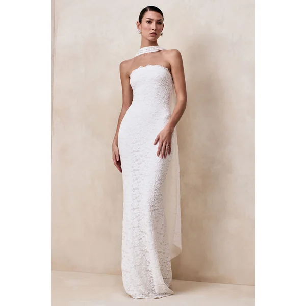 Massima | Robe longue bandeau blanche en dentelle avec détail écharpe