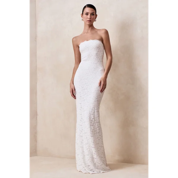 Massima | Robe longue bandeau blanche en dentelle avec détail écharpe