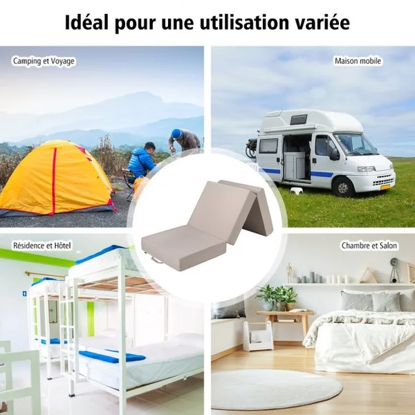 Matelas 1 Personne Pliant Futon Pouf d'Epaisseur 15CM avec Housse Amovible en Mousse Tissu Poncé 195x75x15cm Gris