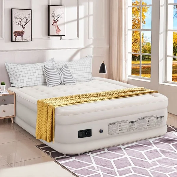 Matelas Gonflable 2 Places Pompe Intégrée Dessus Floqué Faisceau Hélicoïdal Capacité 300kg 205x160x50cm Beige