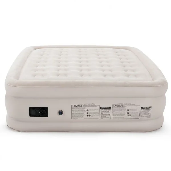Matelas Gonflable 2 Places Pompe Intégrée Dessus Floqué Faisceau Hélicoïdal Capacité 300kg 205x160x50cm Beige