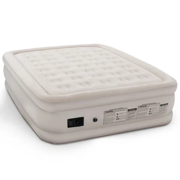 Matelas Gonflable 2 Places Pompe Intégrée Dessus Floqué Faisceau Hélicoïdal Capacité 300kg 205x160x50cm Beige