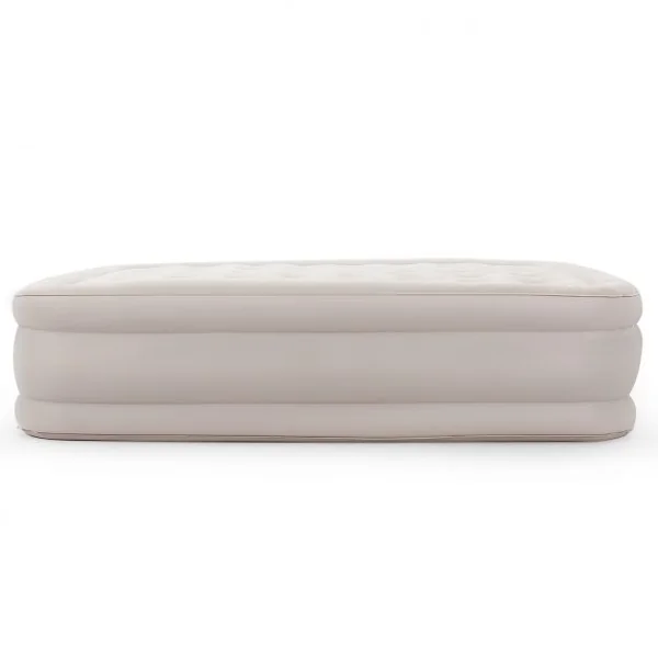 Matelas Gonflable 2 Places Pompe Intégrée Dessus Floqué Faisceau Hélicoïdal Capacité 300kg 205x160x50cm Beige