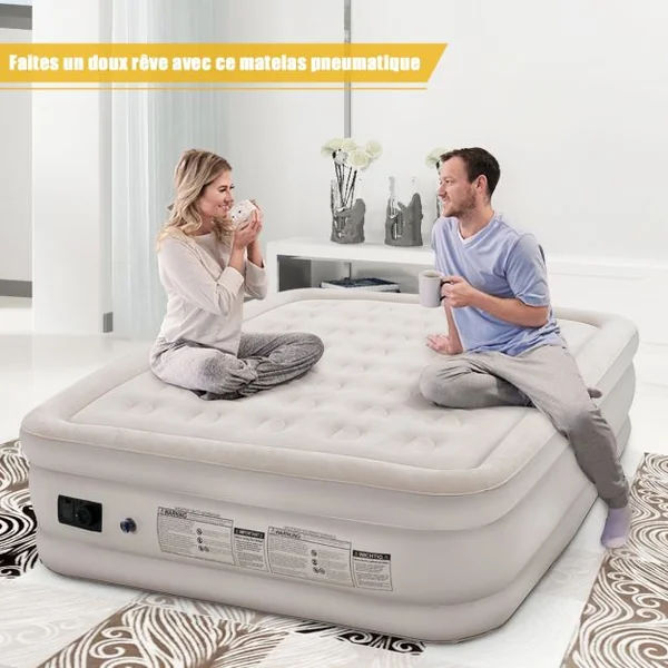 Matelas Gonflable 2 Places Pompe Intégrée Dessus Floqué Faisceau Hélicoïdal Capacité 300kg 205x160x50cm Beige