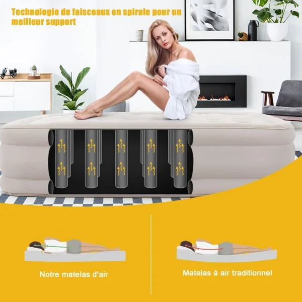 Matelas Gonflable 2 Places Pompe Intégrée Dessus Floqué Faisceau Hélicoïdal Capacité 300kg 205x160x50cm Beige