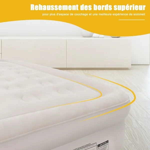 Matelas Gonflable 2 Places Pompe Intégrée Dessus Floqué Faisceau Hélicoïdal Capacité 300kg 205x160x50cm Beige