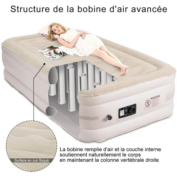 Matelas Gonflable Matelas Pneumatique 1 Place avec Pompe à Air Électrique Intégrée, capacité 250kg, 191x99x46cm, Beige
