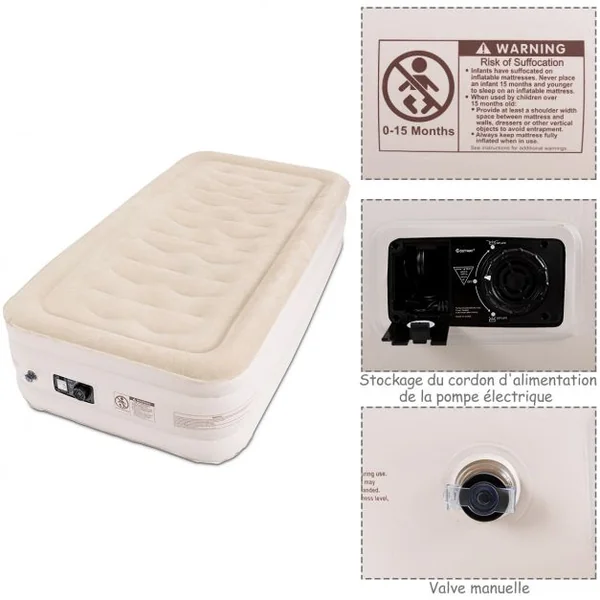 Matelas Gonflable Matelas Pneumatique 1 Place avec Pompe à Air Électrique Intégrée, capacité 250kg, 191x99x46cm, Beige