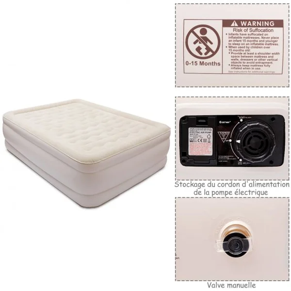 Matelas Gonflable Matelas Pneumatique 2 Places avec Pompe à Air Électrique Intégrée, capacité 295kg, 203x152x56cm, Beige