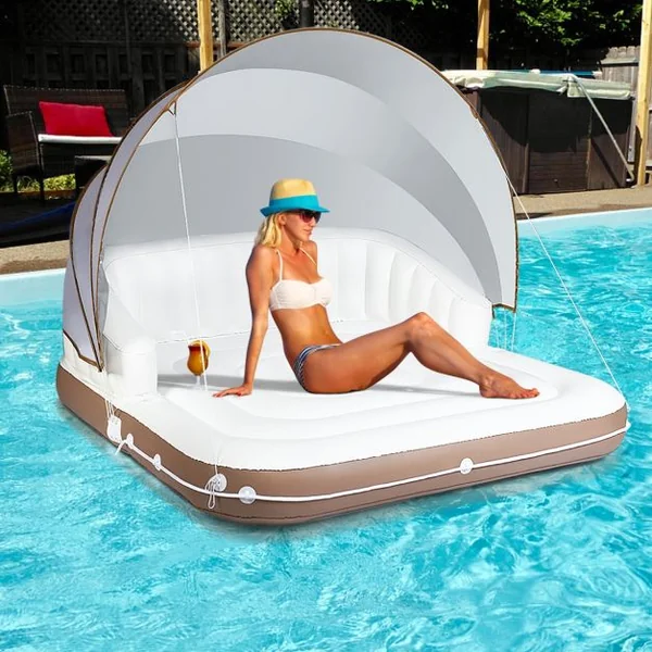 Matelas Gonflable pour Piscine Terrasse avec Accoudoirs Dossier Haut Auvent Capacité 200 kg 180x180x160cm Multicolore
