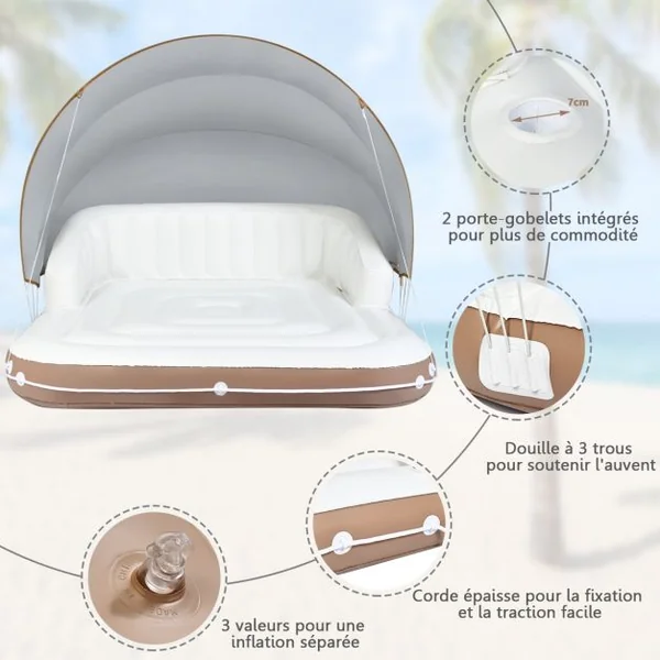 Matelas Gonflable pour Piscine Terrasse avec Accoudoirs Dossier Haut Auvent Capacité 200 kg 180x180x160cm Multicolore