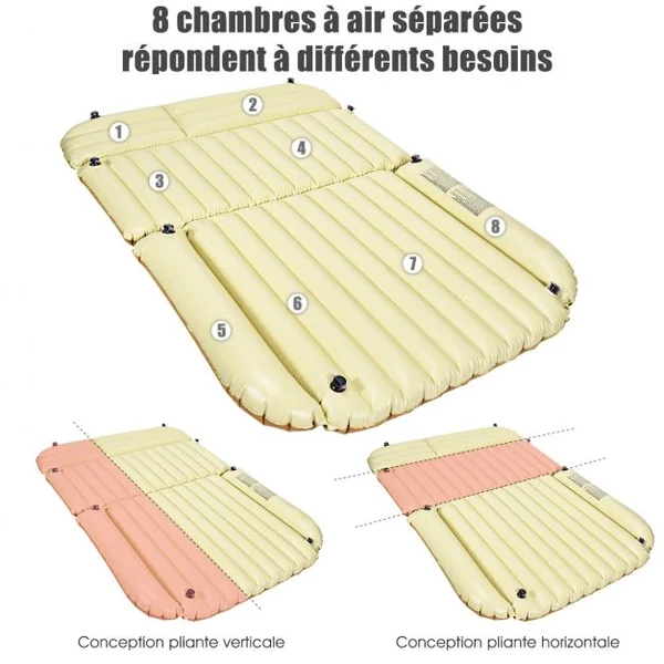 Matelas Gonflable pour Siège Arrière SUV avec Pompe à Air Electrique 40W 12V Capacité Max. 300KG 180x123x12,5cm Beige