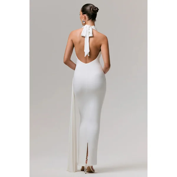 Maude | Robe Longue Blanche à Décolleté Plongeant Froncée avec Ceinture Ruban