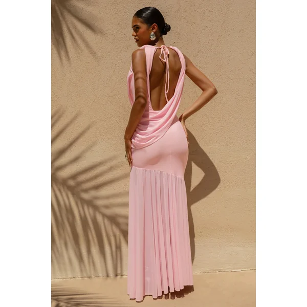 Meggie | Robe longue rose à décolleté plongeant et détail torsadé avec jupe en chiffon
