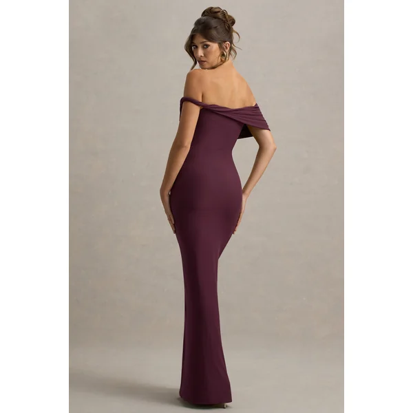 Melika | Robe Longue Bardot Torsadée Bordeaux