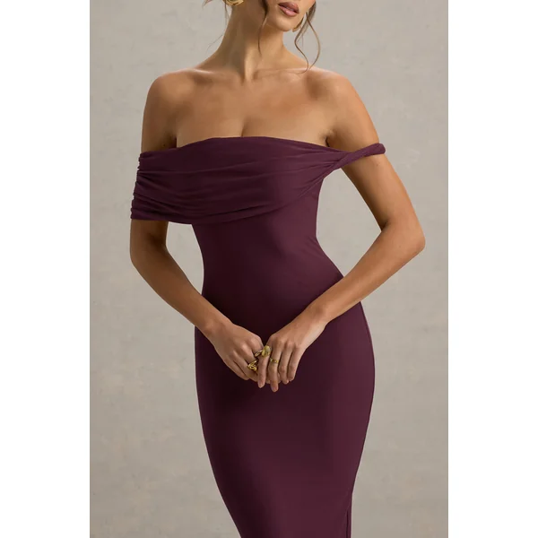 Melika | Robe Longue Bardot Torsadée Bordeaux
