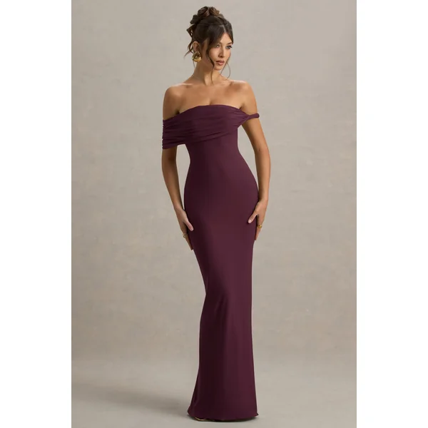 Melika | Robe Longue Bardot Torsadée Bordeaux