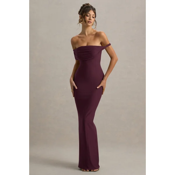 Melika | Robe Longue Bardot Torsadée Bordeaux