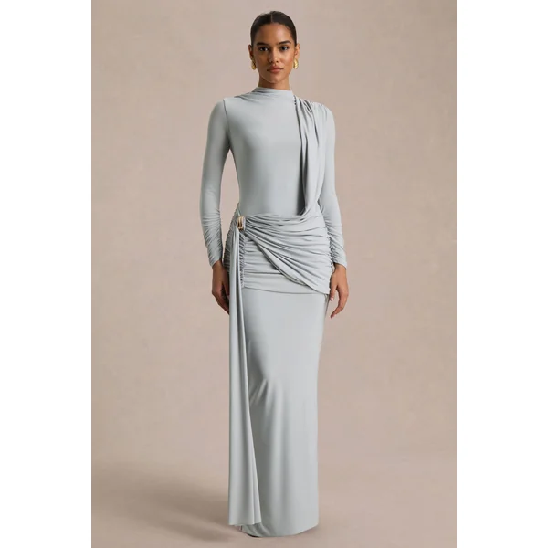 Melissa | Robe longue bleue à manches longues effet portefeuille avec détails froncés
