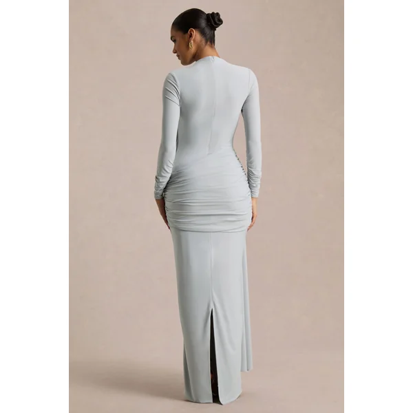 Melissa | Robe longue bleue à manches longues effet portefeuille avec détails froncés