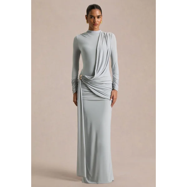 Melissa | Robe longue bleue à manches longues effet portefeuille avec détails froncés