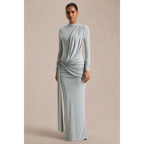 Melissa | Robe longue bleue à manches longues effet portefeuille avec détails froncés