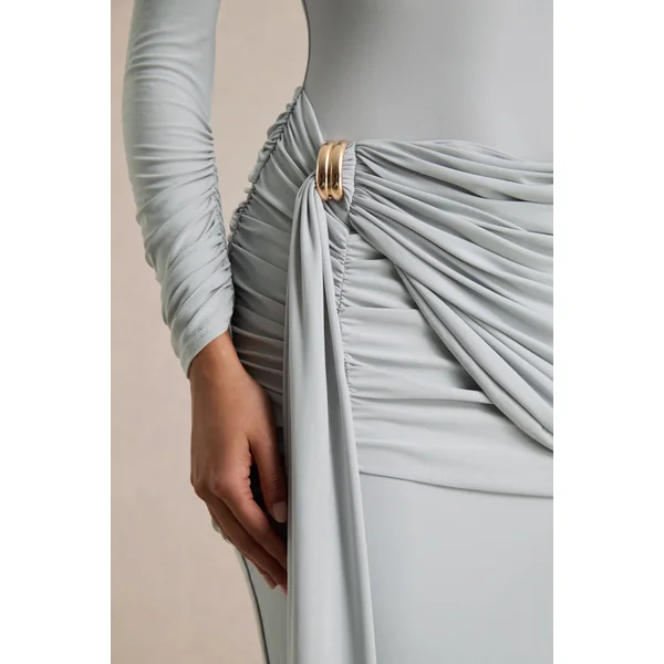 Melissa | Robe longue bleue à manches longues effet portefeuille avec détails froncés