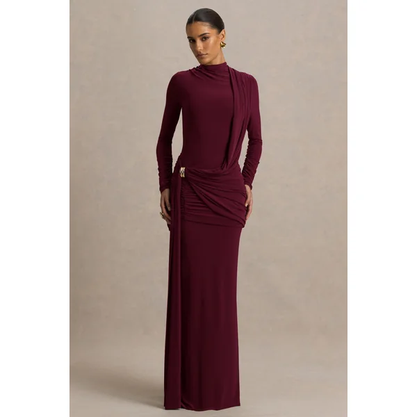 Melissa | Robe longue bordeaux portefeuille à manches longues avec détails drapés