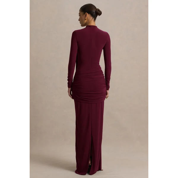 Melissa | Robe longue bordeaux portefeuille à manches longues avec détails drapés