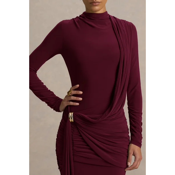 Melissa | Robe longue bordeaux portefeuille à manches longues avec détails drapés