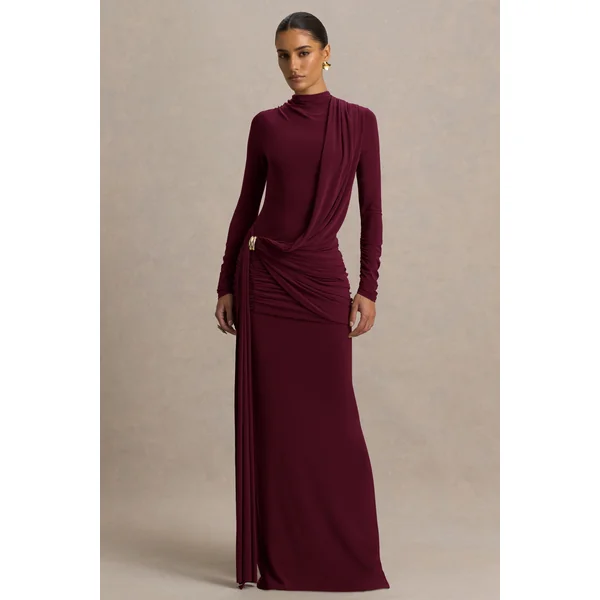 Melissa | Robe longue bordeaux portefeuille à manches longues avec détails drapés