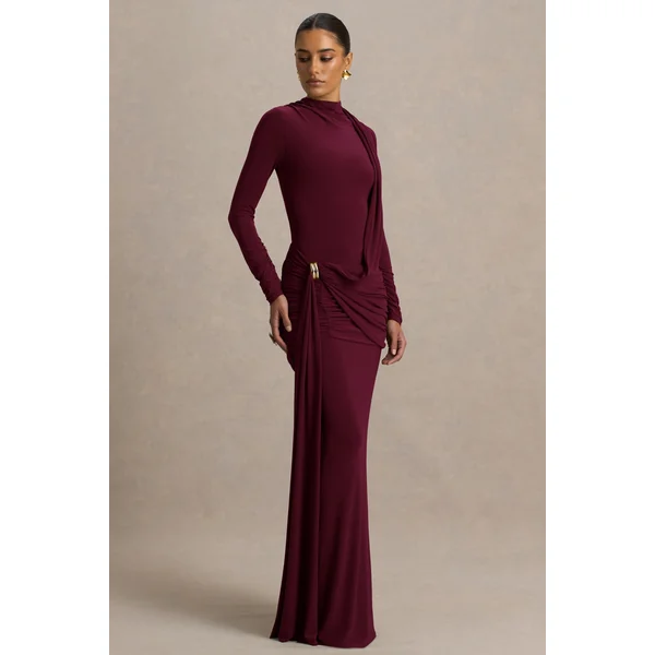 Melissa | Robe longue bordeaux portefeuille à manches longues avec détails drapés