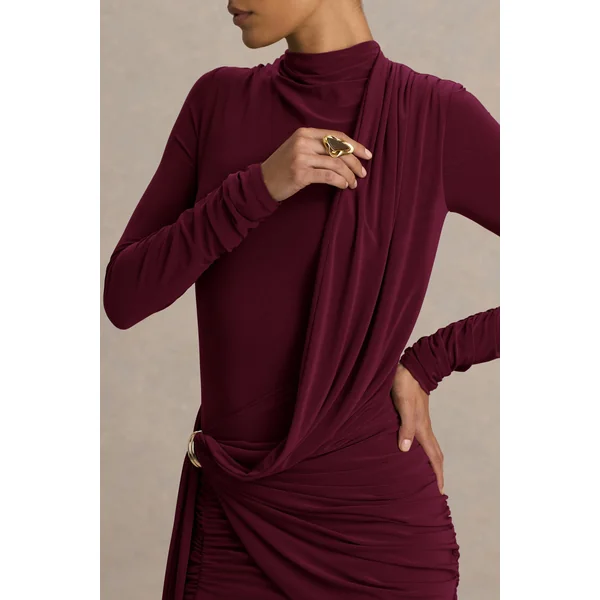 Melissa | Robe longue bordeaux portefeuille à manches longues avec détails drapés