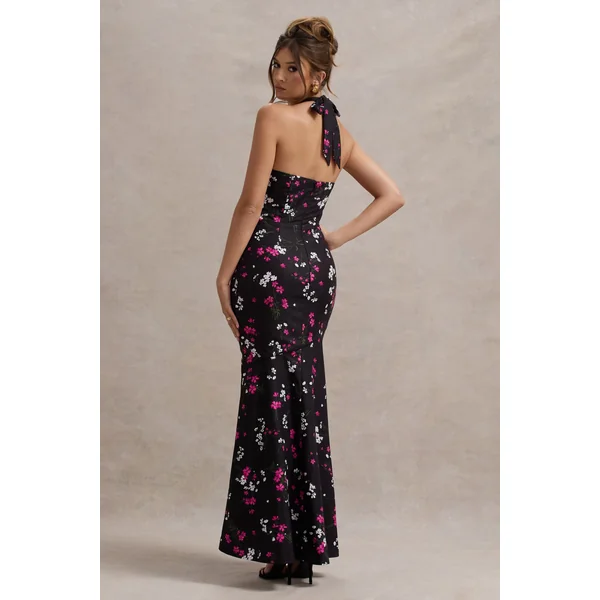 Melodia | Robe longue en satin noir à imprimé fleuri col licou et ourlet à volants