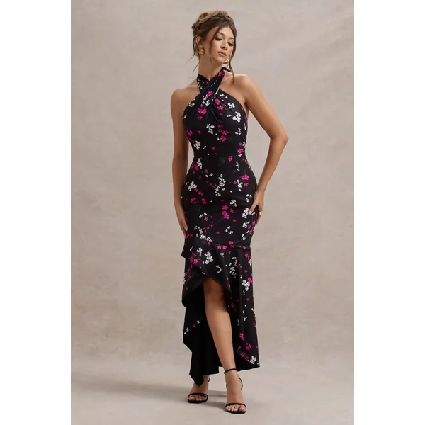 Melodia | Robe longue en satin noir à imprimé fleuri col licou et ourlet à volants
