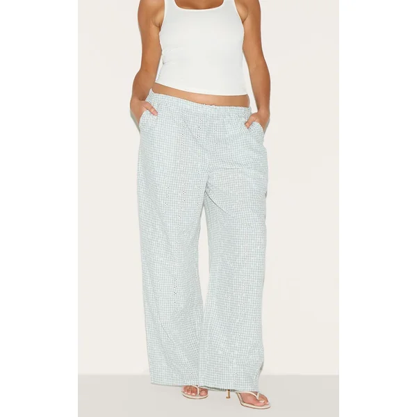 Menthe Pantalon Droit Brodé Vichy Grande Taille