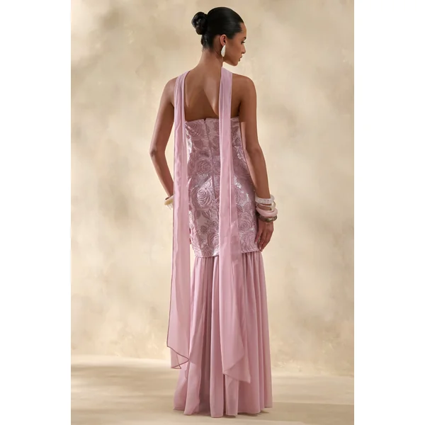 Meraly | Robe longue bandeau rose en sequins avec détail foulard